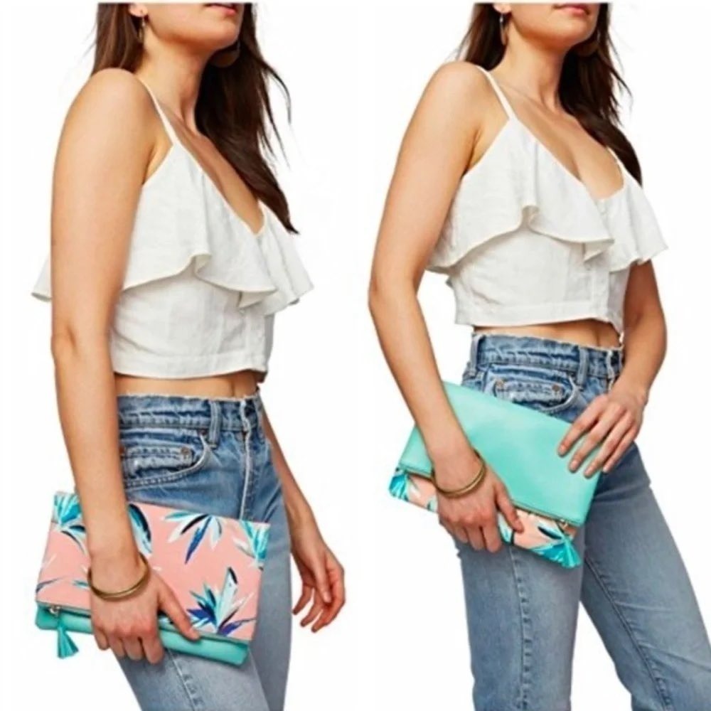 RACHEL PALLY Reversible Clutch Purse Paradise Tropical Mint Coral Fold Over Bag